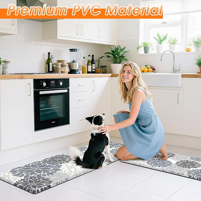 StepLively Kitchen Mats for Floor 2PCS, Anti Fatigue Mats for Kitchen Floor, Kitchen Accessories for Sink, Office, Laundry, 17.3"×30"+17.3"×47", White and Grey