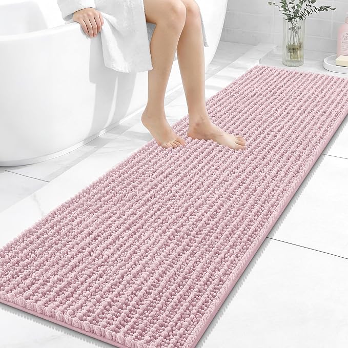 OLANLY Long Bathroom Rugs Runner 59x20, Thick Soft and Absorbent Chenille Bath Mat, Non-Slip, Machine Washable Quick Dry Bath Rugs for Tub Shower Floor, Home Decor Accessories, Dusty Rose