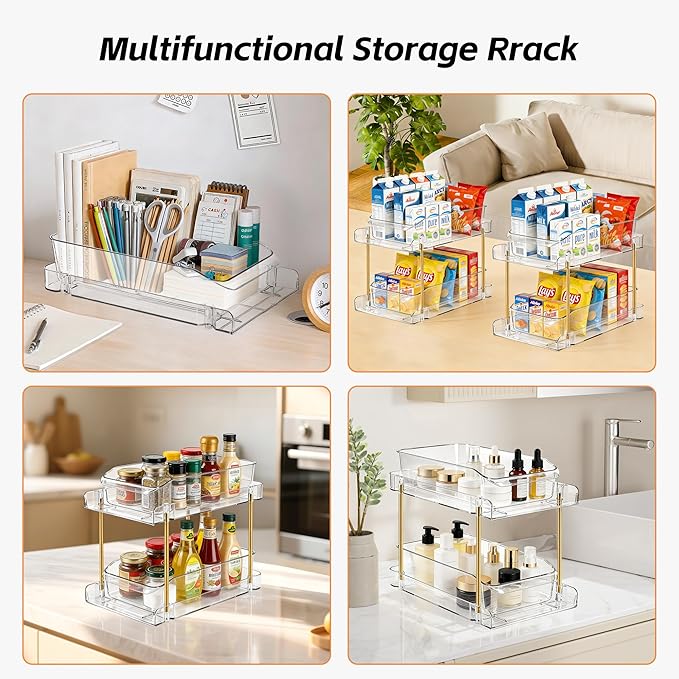 LAREKUN4pack 2-Tier Organizer & Storage Unit Stackable Bathroom Cabinet Organizer Pull-Out Kitchen Pantry Organizer & Storage System Suitable for Countertops, Pantries, Kitchens, Bathrooms