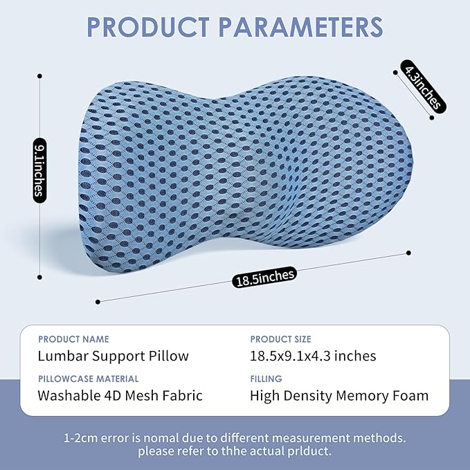 kasney Lumbar Support Pillow, Back Pillow for Low Back Pain Relief, Ergonomic Streamline Car Seat, Office Chair, Recliner and Bed (Blue)