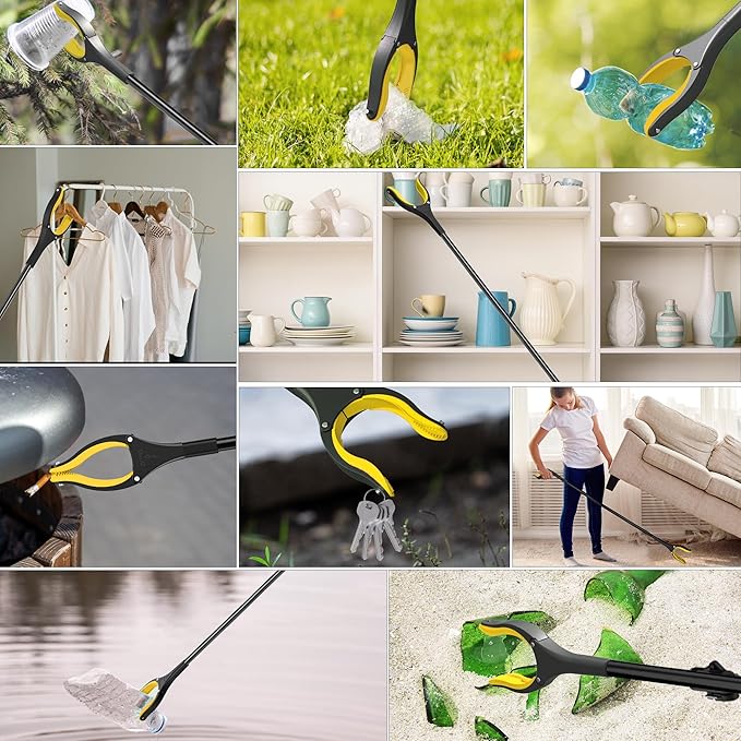59 Inch Extra Long Grabber Reacher Tool，Pick Up Stick for Seniors with Strong Grip Magnetic，360°Rotating Anti-Slip Jaw 4" Wide Claw Opening,Hand Grabber for Reaching (YellowBlack, 59INCH)