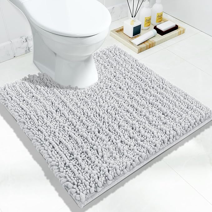 Yimobra Toilet Rug U Shaped Washable 24x24 Inch - Ultra Soft Absorbent Chenille Bath Rugs for Toilet, Quick Dry & Machine Washable, Non Slip Contour Bathroom Mat, Silver