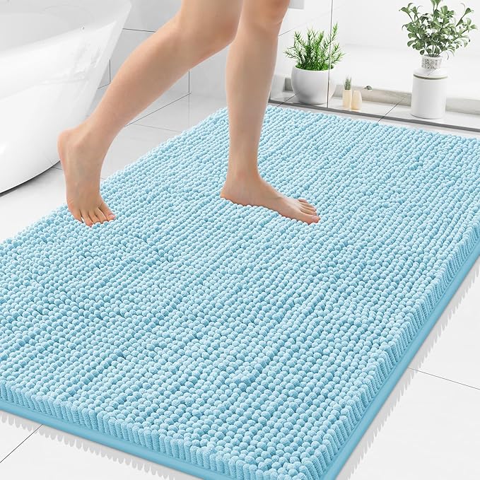 Smiry Luxury Chenille Bathroom Rugs 48x32, Extra Soft and Absorbent Shaggy Bath Mat, Machine Washable, Non-Slip Plush Carpet Runner for Tub, Shower, and Floor, Home Decor Accessories, Sky Blue