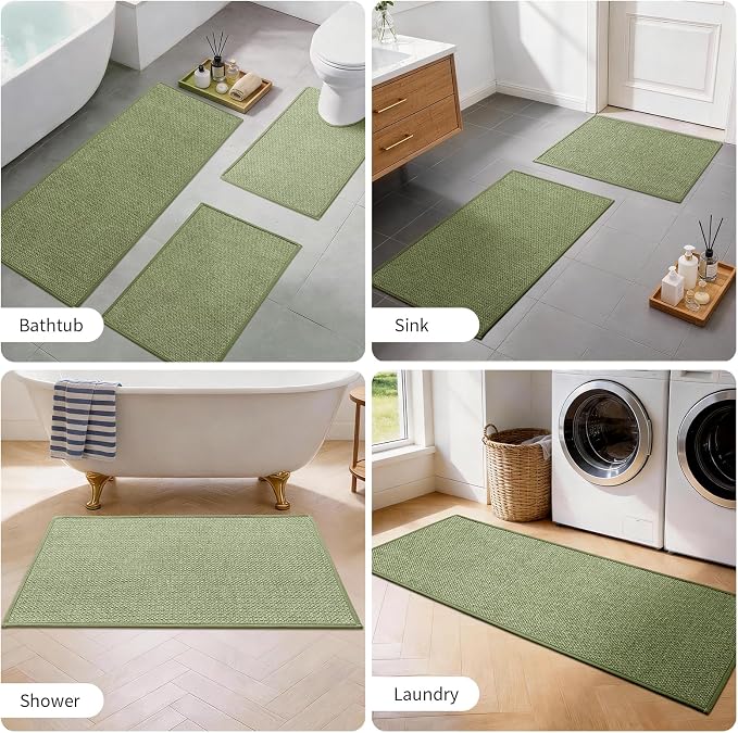 YIHOUSE Green Bathroom Rugs Sets 2 Piece, Quick Dry Thin Bath Mat with Toilet Rug, Non Slip Absorbent Machine Washable, Bath Rugs for Tub Sink Home Decor (17"x24" + 17.5"x24" U-Shaped)