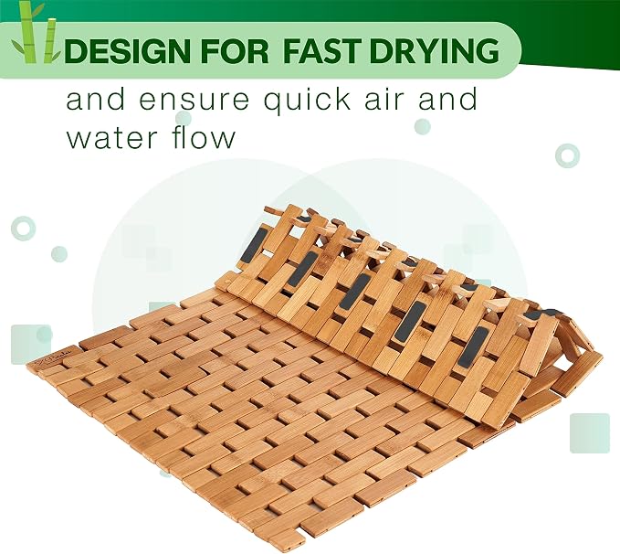Bamboo Bath Mat - Foldable Wooden Bathmat - Accessories for Bathroom Sauna Spa Tub Step and Floor - 24 x 16 x 0.4 Inches [LxWxH] - Modern Farmhouse Decor Design