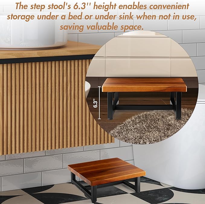 FANATU 13'' Wooden Step Stool, One Step Stool for Adults, Wooden Beside Step Stool with 550 Load Capacity (Acacia, 6.3 in – Metal Legs)
