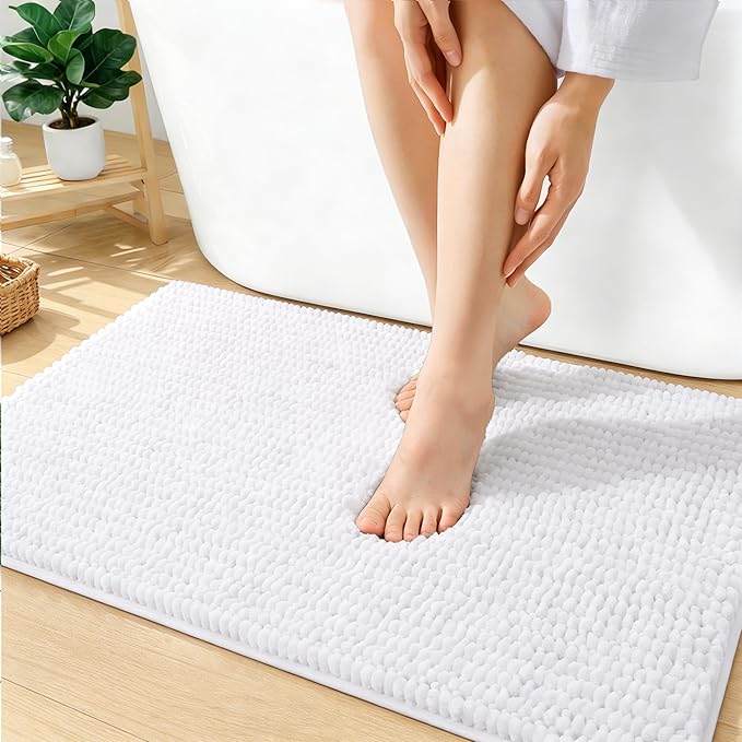 OLANLY Thick Bathroom Rugs 36x24, Extra Soft Absorbent Chenille Bath Rugs, Rubber Backing, Machine Wash Dry, Bath Mats for Bathroom Floor, Tub and Shower, Home Decor Accessories, White
