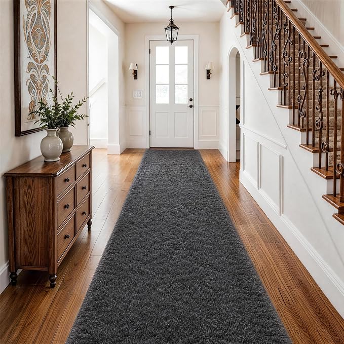 Ophanie Runner Rug for Hallway, 2.5x12 Washable Non-Slip Fluffy Soft Bedside Rugs, Bedroom Living Room Shaggy Carpet for Kids Girls Boys Dorm Nursery Home Decor Aesthetic, Grey