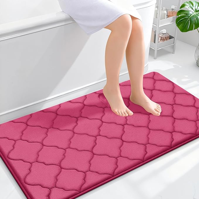 OLANLY Memory Foam Bath Mat Rug 44x24, Ultra Soft and Absorbent Bathroom Rugs, Non-Slip, Comfortable, Machine Washable Bath Carpet for Bathroom Floor, Tub, Shower and Home Decor Accessories, Deep Pink