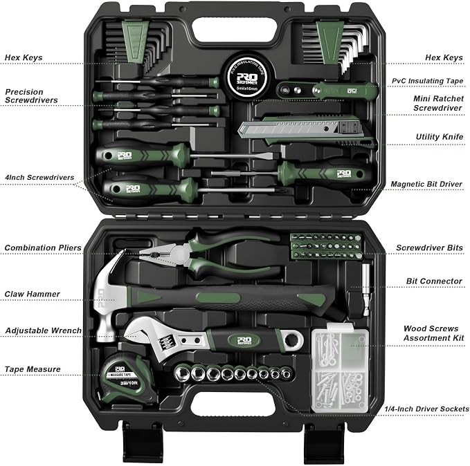 Prostormer 160-Piece Home Repair Tool Set, General Household Hand Tool Kit with Toolbox Storage Case for House, Garage, College Dorm and Office (Green)