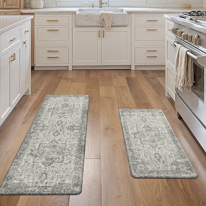 GENIMO Kitchen Mats for Floor 2PCs, Washable Anti Fatigue Mat for Cushioned, 17.3"x47"+17.3"x30", Waterproof Kitchen Rugs, Non Slip Comfort Standing Mat Rug for Home, Sink, Laundry, Stone Gray