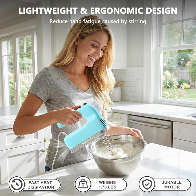 Lord Eagle 9-Speed Digital Hand Mixer Electric Handheld, 500W DC Motor Kitchen Mixer for Cake Baking, Lightweight Egg Beaters with Stain-resistant & Waterproof Storage Bag & 6 Accessories, Blue