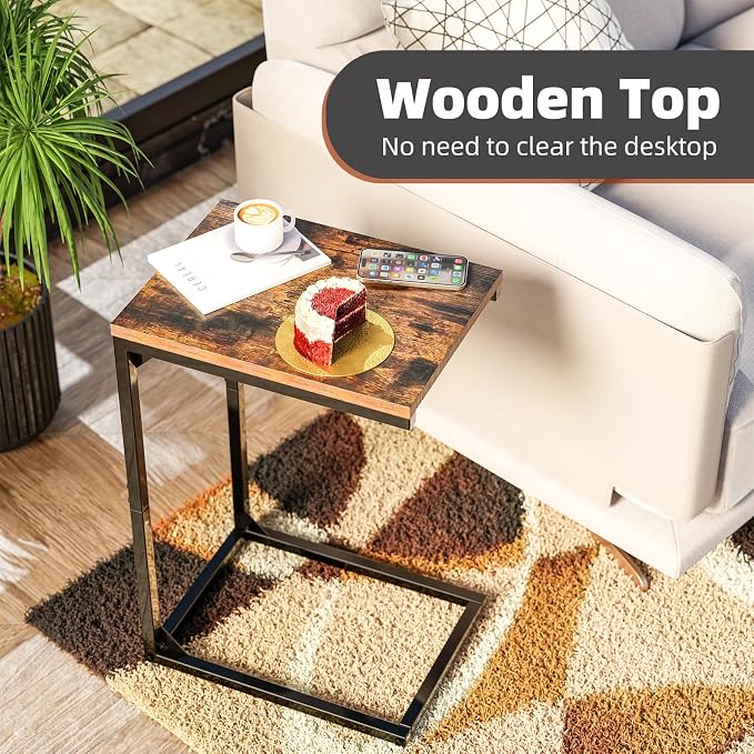 Simple Trending C Shaped End Table, TV Tray for Couch, Small Side Table with Metal Frame, for Living Room Bedroom, Rustic Brown