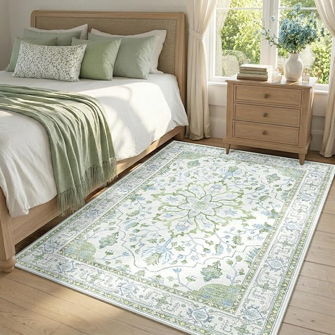 RELEANY Area Rugs 4'x6' Washable Non-Slip, Floral Vintage Distress Medallion Carpet for Living Room Bedroom Dining Room, Green White Blue