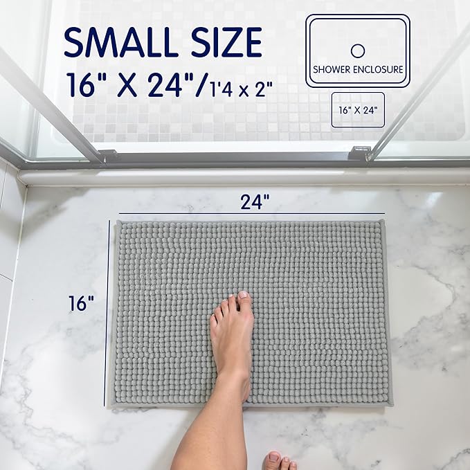 SUBRTEX Bathroom Rugs Chenille Bath Rug Soft Short Plush Bath Mat Soft Shower Mat Water Absorbent Shower Mat Quick Dry Machine Washable(Light Gray,18" x 24")
