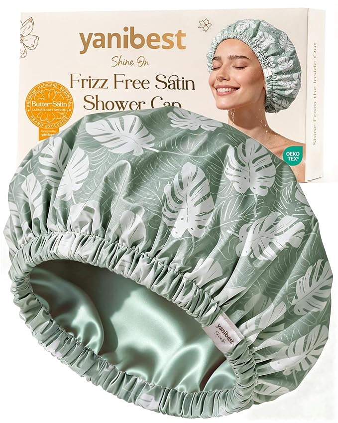 Yanibest Satin Lined Shower Cap for Women Reusable Waterproof, Frizz Free & Large Bath Cap with Soft Elastic Band, Luxury Hair Protection Caps (Green Leaves)