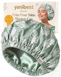 Yanibest Satin Lined Shower Cap for Women Reusable Waterproof, Frizz Free & Large Bath Cap with Soft Elastic Band, Luxury Hair Protection Caps (Green Leaves)