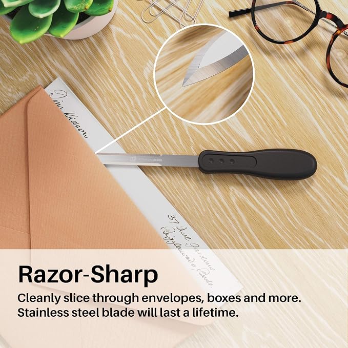 Office Letter Opener - Stainless Steel Knife-Edge Blade, Ergonomic Grip Handle (Black, 1 Pieces)