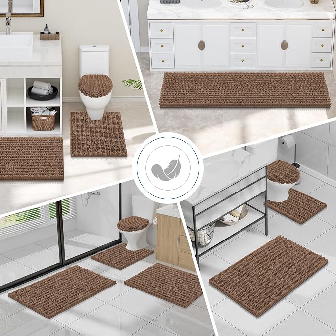 Smiry Bathroom Toilet Rugs U Shaped 24x20, Extra Soft Absorbent Non Slip Rubber Backing Chenille Contour Bath Rugs for Toilet, Machine Washable Contoured Bath Mats, Mocha