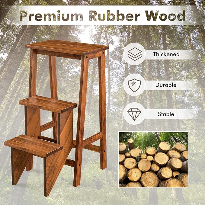 DORTALA 3 Tier Folding Step Stool, Rubber Wood Multifunctional Ladder Chair Bench, Portable Utility Seat, Flower Rack, 200 Lbs Capacity, Ideal for Library, Home (Brown)