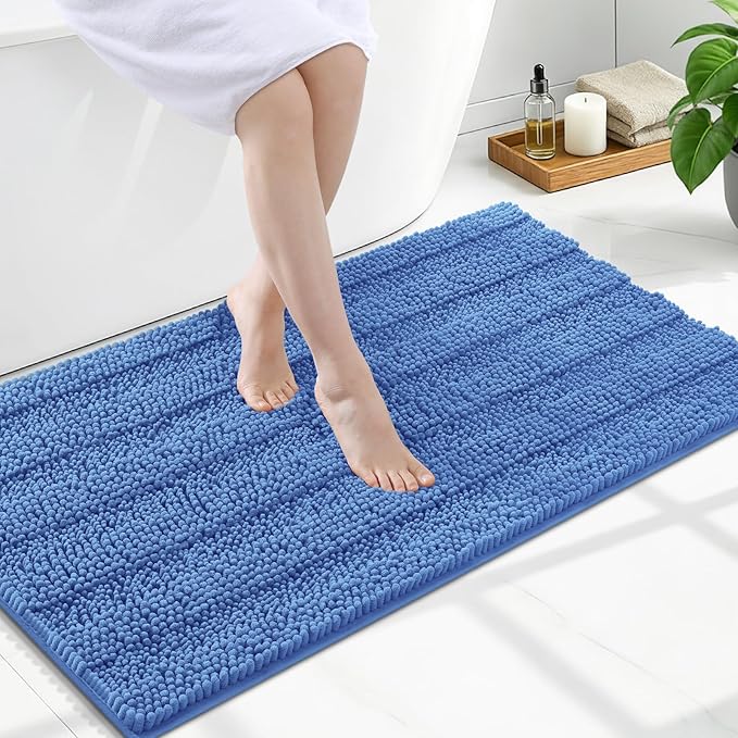 Grandaily Chenille Striped Bathroom Rugs 47x24, Extra Thick and Soft Absorbent Bath Mats, Rubber Backing, Plush Shaggy Shower Carpet, Machine Wash Dry, Bath Rug for Bathroom, Cornflower Blue