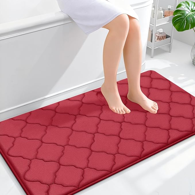 OLANLY Memory Foam Bath Mat Rug 44x24, Ultra Soft and Absorbent Bathroom Rugs, Non-Slip, Comfortable, Machine Washable Bath Carpet for Bathroom Floor, Tub, Shower and Home Decor Accessories, Red