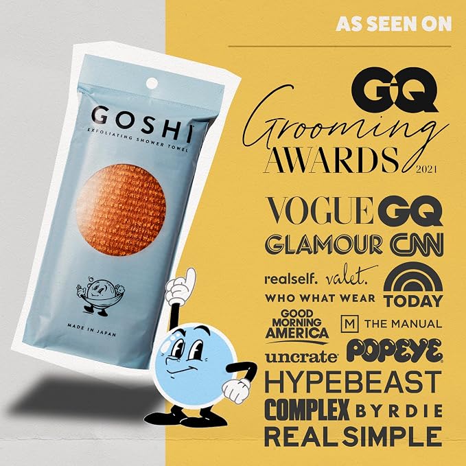 GOSHI Exfoliating Shower Towel - Long Body Scrubber for Back Acne, KP & Smooth Skin - Durable Rip-Resistant Weave, Quick-Dry Nylon Washcloth - Ethically Crafted in Gunma, Japan - Orange