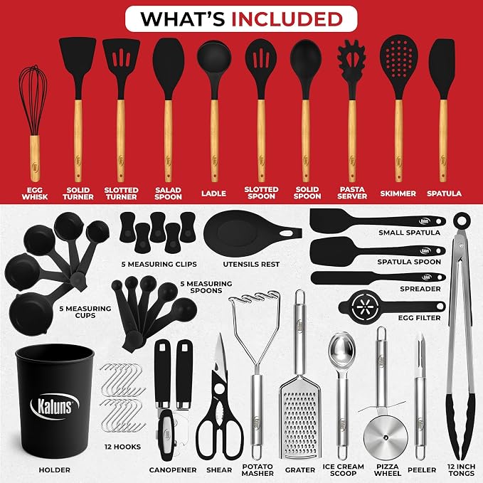 Kaluns 50 PCS Silicone Kitchen Utensils Set Complete Kitchen Set - 800°F Heat Resistant Non-Stick Premium Silicone Cooking Utensils W Wooden Handles - Can Opener, Masher, Turner, Silicone Spatula Set