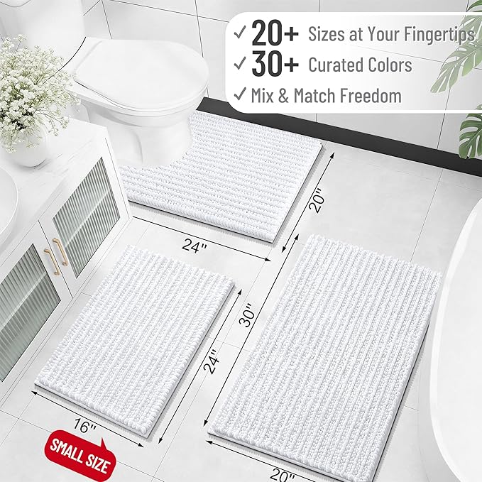 OLANLY Bathroom Rug Mat 34x21, Thick Soft and Absorbent Chenille Bath Mat, Non-Slip Rubber Backing, Machine Washable Quick Dry Bath Rugs for Tub Shower Floor, Home Decor Accessories, White