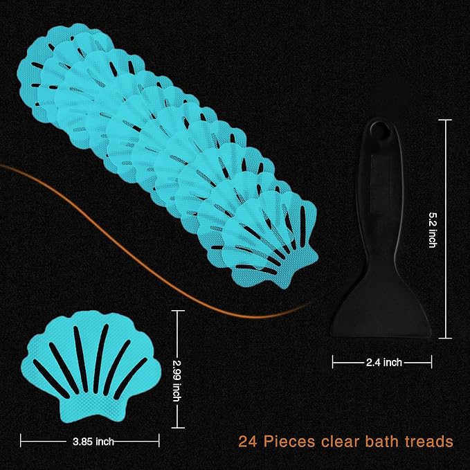 Secopad Non-Slip Bathtub Stickers, 24 PCS Shell Safety Bathroom Tubs Showers Treads Adhesive Decals Scraper (Blue)