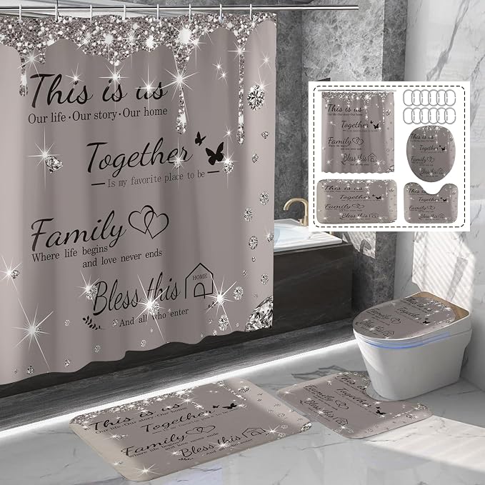 4Pcs Family Shower Curtain Sets with Non-Slip Rugs, Toilet Lid Cover and Bath Mat,Grey Glitter Diamond Home Bathroom Decor Set Accessories Waterproof Shower Curtains with 12 Hooks, 72 x 72 Inch
