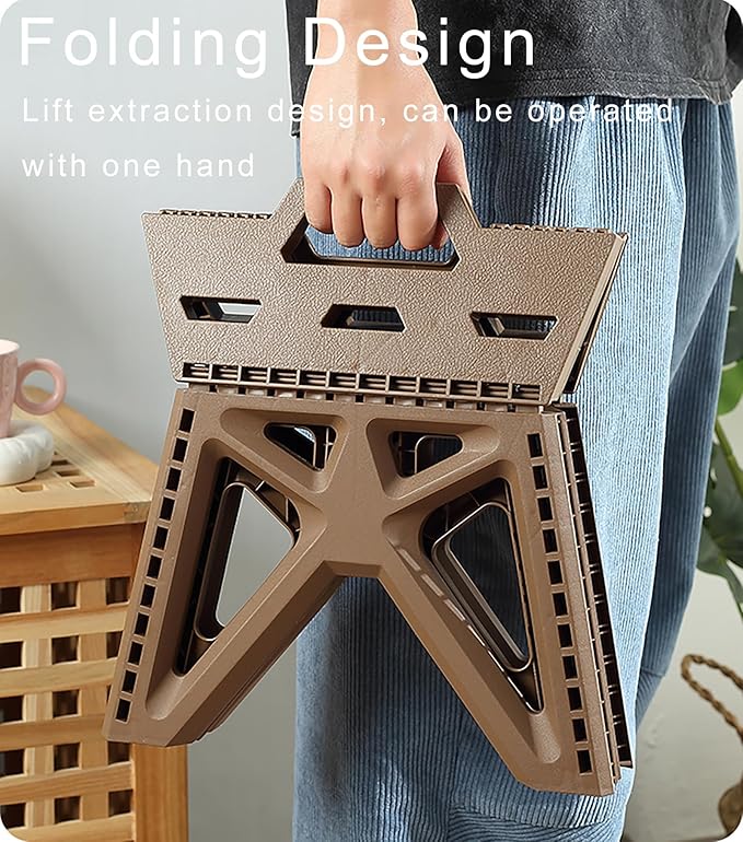 Folding Step Stool Holds 440 lbs - 9" Sturdy Foldable Step Stool with Non-Slip Base, Space Saving for Kitchen, Bathroom, Camping (Brown)