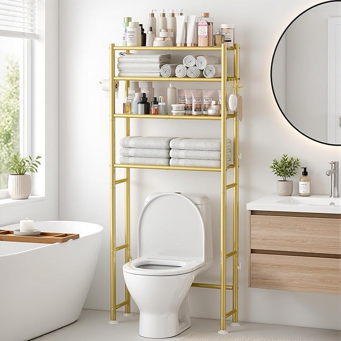 GloTika 4-Tier Over The Toilet Storage, 200lb Total Capacity Metal Bathroom Organizer with 36" Clearance, Includes Paper Holder & 4 Hooks, Space Saving Rack for Bathroom Laundry Room (64" H, Gold)