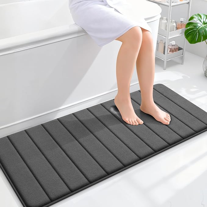 OLANLY Memory Foam Long Bathroom Rugs Runner 47x20, Super Soft Absorbent Bath Mat, Quick Dry, Machine Washable Shower Floor Rugs, Bathmat Carpet, Bathroom Home Decor Accessories, Black