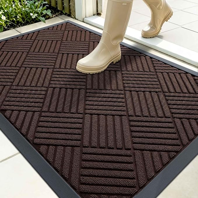 OLANLY Front Door Mat Outside Entrance 35x23, Absorbent, Heavy Duty Sturdy Natural Rubber Doormat Indoor Outdoor, Stain and Fade Resistant, Non-Slip Low Profile Floor Mat for Entryway, Brown Diamond