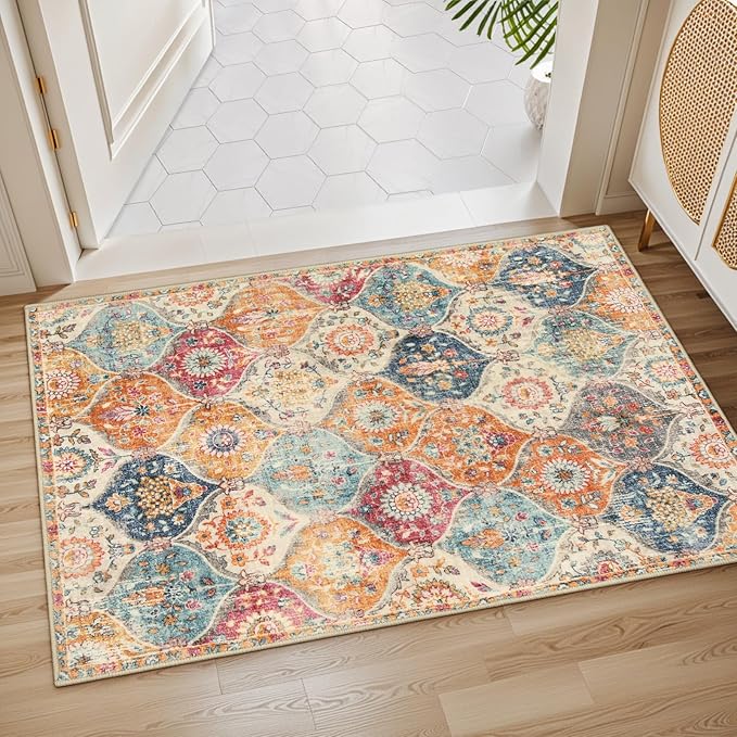 Lahome Moroccan Trellis Washable Rug, 2x3 Kitchen Rugs for Entryway Bathroom, Non-Slip Indoor Door Mat Ultra-Thin, Small Oriental Throw Carpet for Bedroom Entry Elise, Cream/Multi
