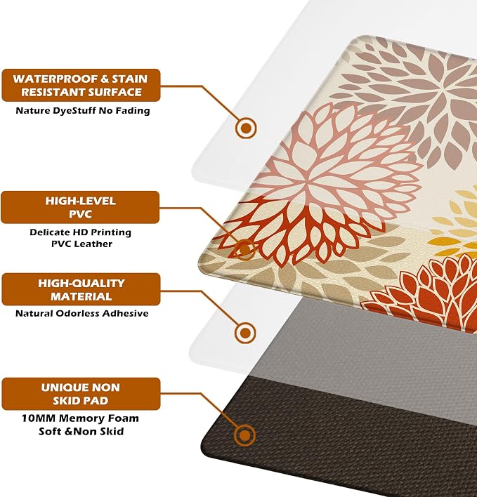 Orange Fall Kitchen Mats for Floor, Cushioned Anti Fatigue Memory Foam Kitchen Rugs Set of 2, Non Slip Waterproof Kitchen Runner Floor Mat, Comfort Standing Mat for Sink, Laundry, Autumn Home Decor