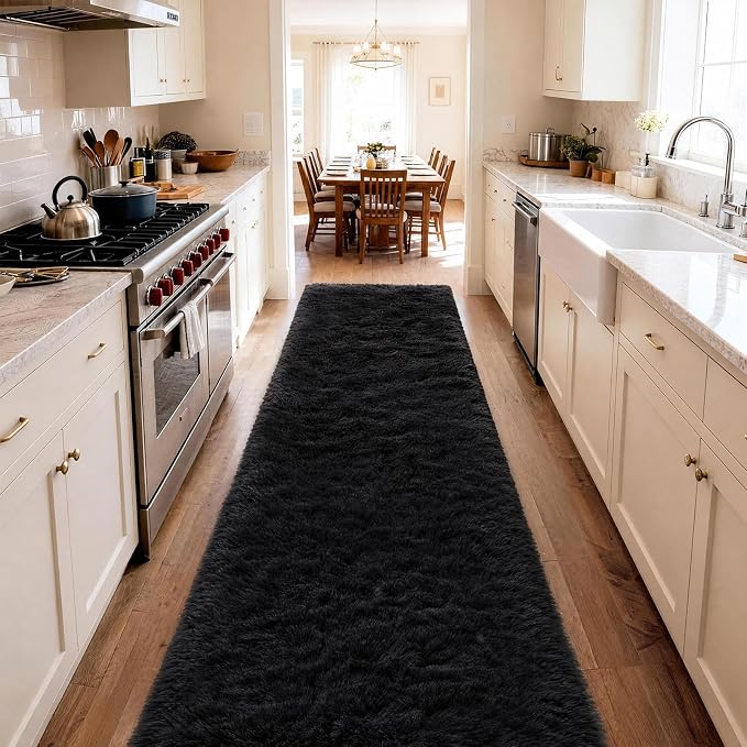 Ophanie Runner Rug for Hallway, 2.5x12 Washable Non-Slip Fluffy Soft Bedside Rugs, Bedroom Living Room Shaggy Carpet for Kids Girls Boys Dorm Nursery Home Decor Aesthetic, Black