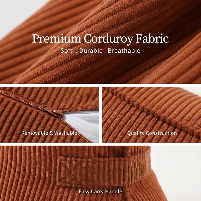 Pat. Pend. Corduroy Back Support Pillow for Bed Sitting and Headboard Support, Lumbar Cushion for Relaxing and Watching TV, Triangle Backrest Pillow, Brick Red