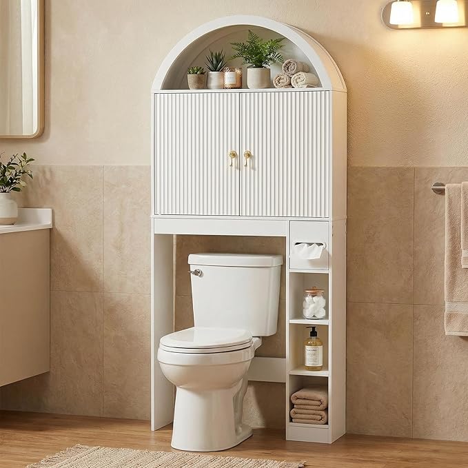HOOBRO Over the Toilet Storage Cabinet, 67.7'' Tall Bathroom Organizer with Wave Doors, Arched Design with Adjustable Shelf, Toilet Paper Holder, Freestanding Cabinet for Narrow Space, White WT26TS01
