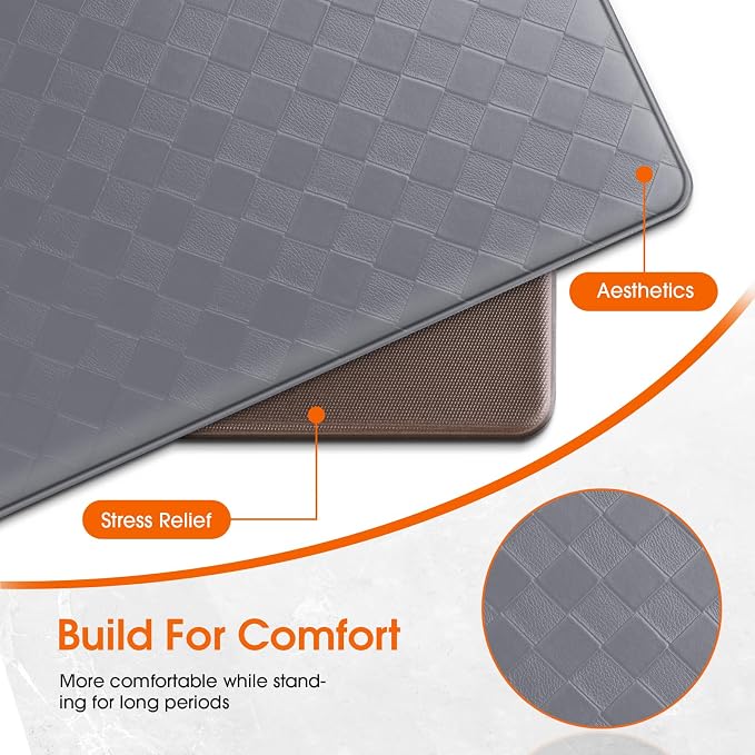TranquilRelax 2-Piece Anti-Fatigue Kitchen Mats, Cushioned Non-Slip Waterproof Sink & Stove Floor Mats, Comfortable Standing Rug Set for Kitchen, Laundry & Entryway, Grey