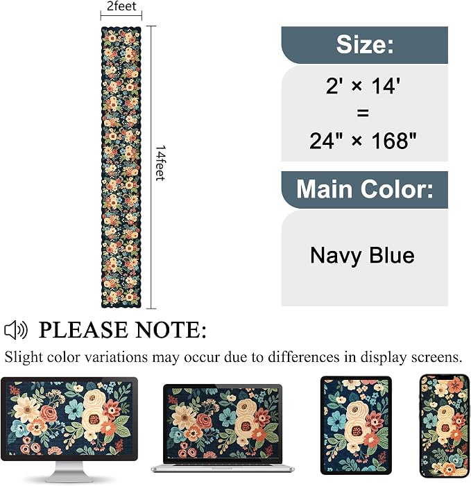DUKINO 2x14 Long Hallway Runner Rug, Non Slip Floral Washable Runner Rug for Kitchen, Boho Low Pile Thin Indoor Carpet for Hallways, Entryway, Bathroom, Kitchen, Bedroom, Navy Blue