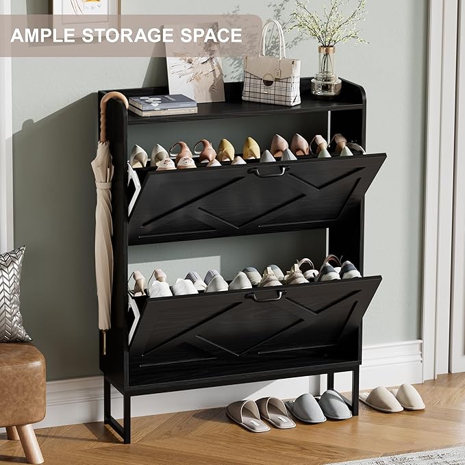 Nicetree Shoe Storage Cabinet with 2 Flip Drawers, Freestanding Shoe Organizer, Shoe Cabinet with Metal Legs, Farmhouse Slim Shoe Cabinet for Entryway, Foyer, Hallway, Black