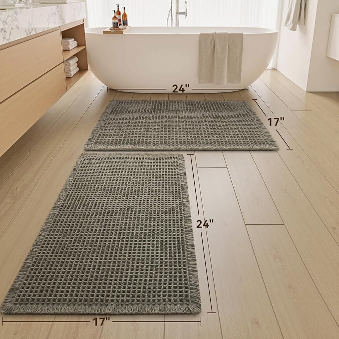 Upgraded Waffle Bath Mats Set of 2, Super Absorbent Non Slip Bath Mats for Bathroom Floor, Washable Boho Bathroom Rugs Set 2 Piece with Tassels, Soft Bathroom Mat Set, 17" x 24" (2 Pack), Green