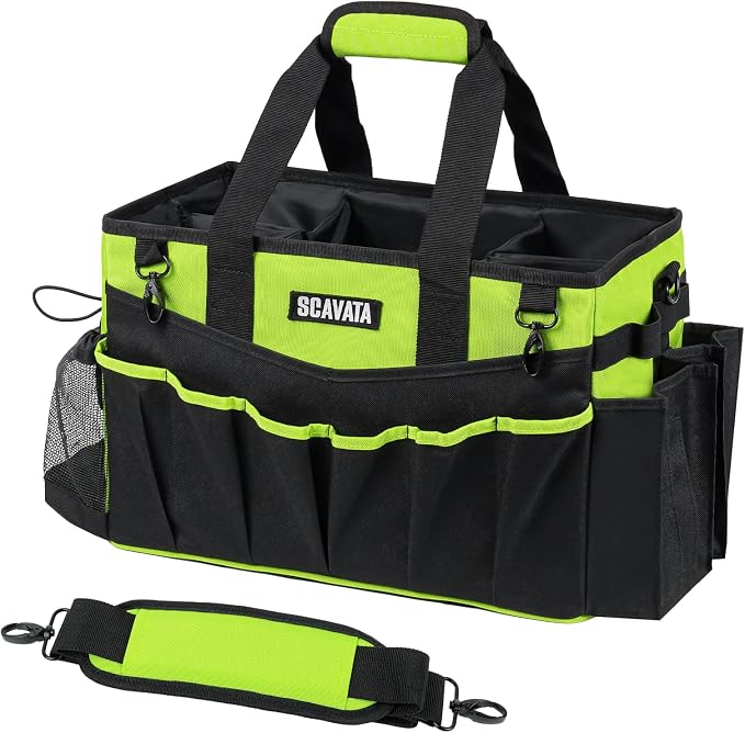 SCAVATA Wearable Cleaning Caddy Bag, Cleaning Caddy Supplies Organizer with Handle & Shoulder Straps for Housekeepers, Under Sink & Car Cleaning Tool Organizers with 4 Foldable Divider (NeonGreen)