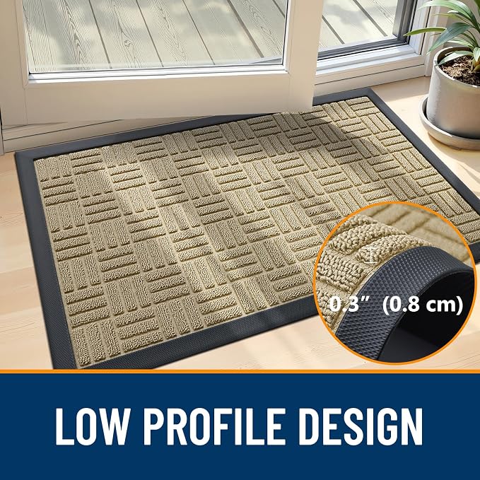 OLANLY Front Door Mat Outside Entrance 47x32, Absorbent, Heavy Duty Sturdy Natural Rubber Doormat Indoor Outdoor, Stain and Fade Resistant, Non-Slip Backing Low Profile Floor Mat for Entryway, Beige