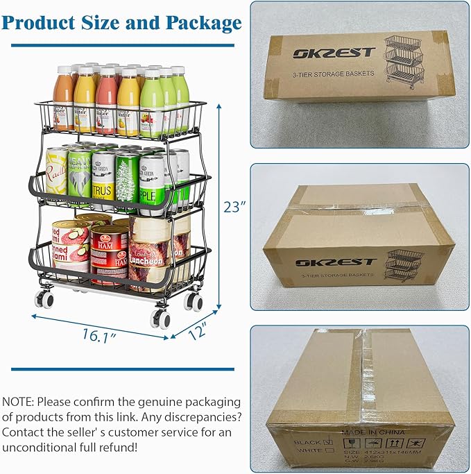 OKZEST 3-Tier Rolling Pantry Floor Organizer and Storage Cart with Wheels, Stackable Wire Pantry Baskets for Pantry Shelves, Kitchen Fruit Basket Stand and Storage Rack for Fruit Snack Onion Potato