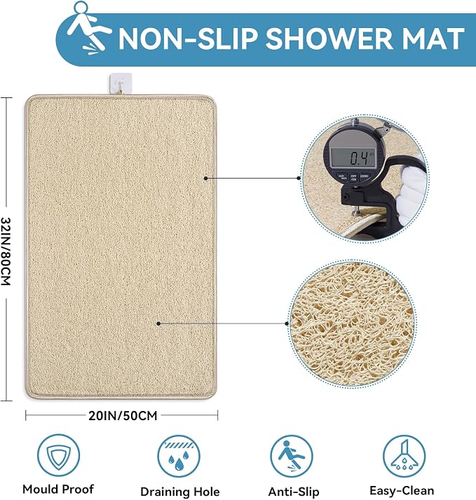 Non Slip Shower Mat Bathtub Mat 20x32 Inch, Quick Dry Bath Mat with Drain, Soft PVC Imitation Loofah Foot Scrubber Bath Mats for Bathroom Tub Shower Floor, Hangable & Hook Included, Beige