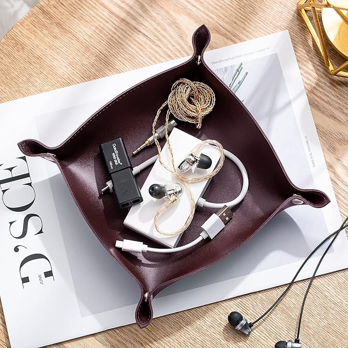 Leather Jewelry Valet Tray for Women and Man, Portable Entryway Table Tray Bedside Nightstand Desk Tray Small Catchall Travel Dish Plate for Key,Wallet,Watch,Coin(8x8, Deep Brown-B)