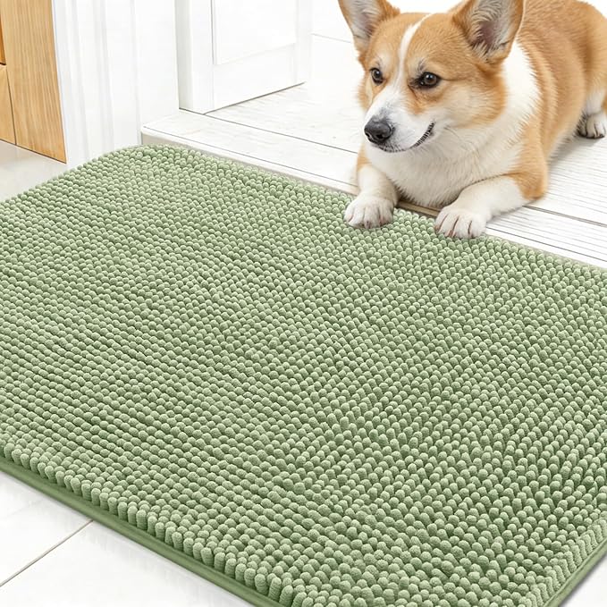 OLANLY Dog Door Mat for Muddy Paws 24x16, Absorbs Moisture and Dirt, Absorbent Non-Slip Washable Doormat, Quick Dry Chenille Mud Mat for Dogs, Entry Indoor Entryway Carpet for Inside Floor, Sage Green